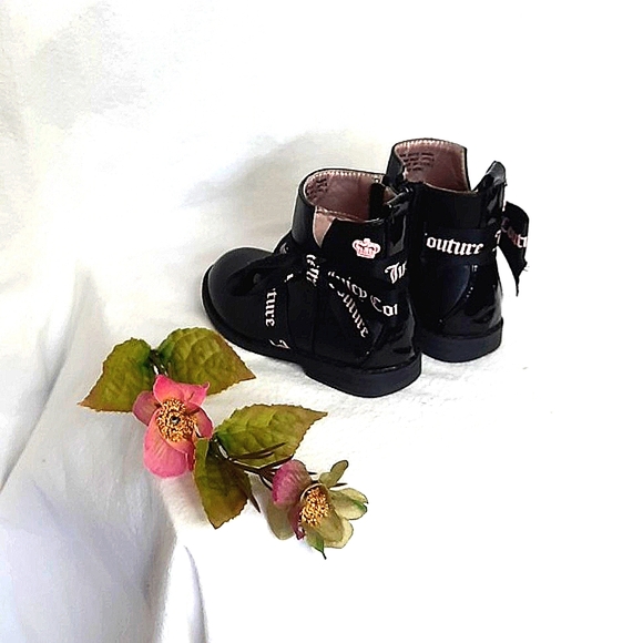JUICY COUTURE Black Moto Booties, Pink & Black Ribbon/Bows - Picture 2 of 16